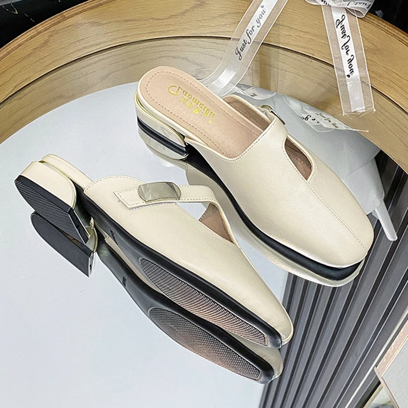 

Low Heel Mules Women Shoes Square Toe Slipper Vintage Buckle Slides Leather Shallow Slip On Shoes Casual Apricot Black