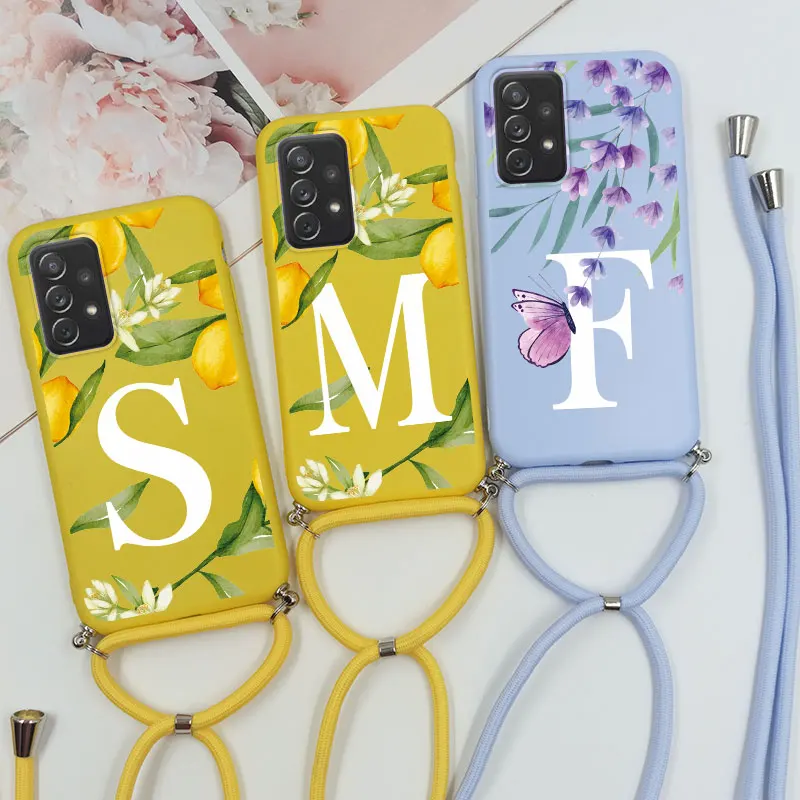 Crossbody Case For Samsung Galaxy A52 A72 4G 5G A52S A51 Cover Silicone Cute Yellow Purple Lemon Butterfly Letter Case with Stra