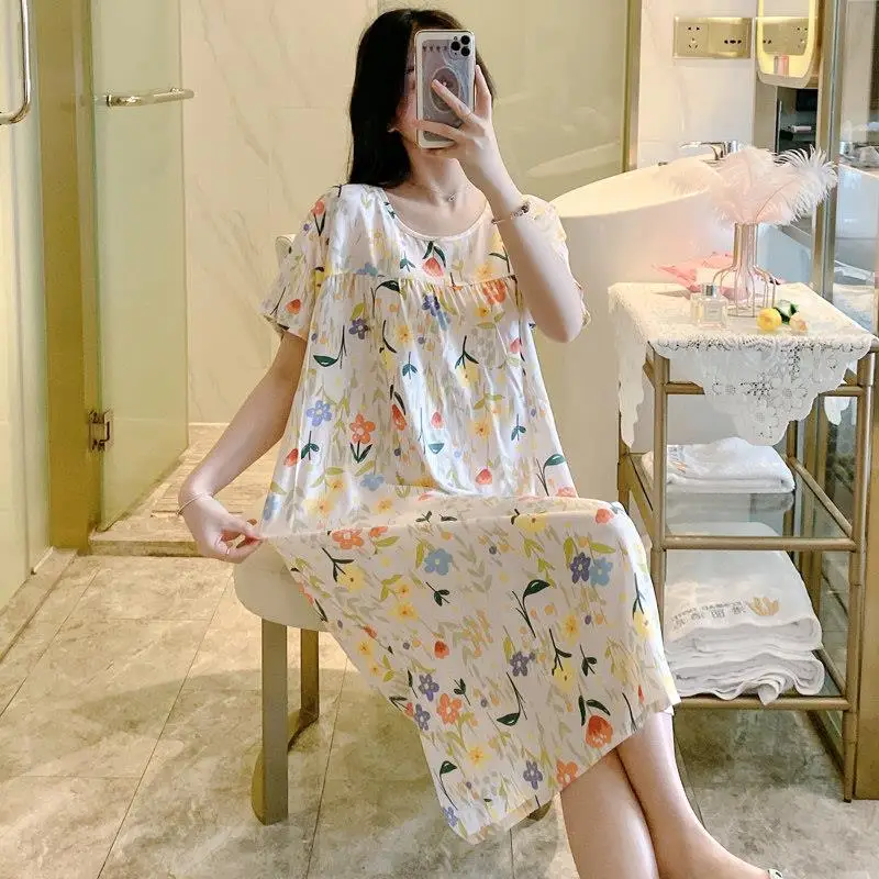 

Large Size Long Cotton Silk Sleepwear Women's New Style Thin Medium Length Pajamas Fashionable Summer Casual round Neck Short...