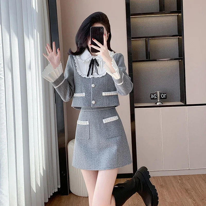 2024 Autumn and Winter Sweet Doll Collar Bow Women's Suit Jacket Temperament Eleagnt Coat Top A-line Skirt Lady Two-piece Set