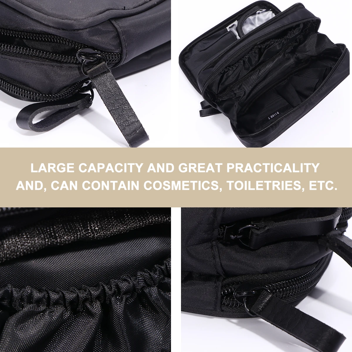 

Double Layer Zipper Makeup Bag Travel Toiletry Storage Organizer Large Capacity Lightweight Nylon Black For Bathroom