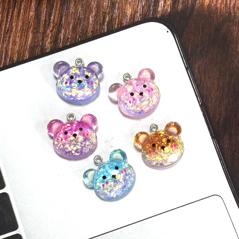 10pcs Glitter Cut Bear Resin Charms Colorful Cartoon Bears Pendant For Necklace Earring Diy Jewelry Make