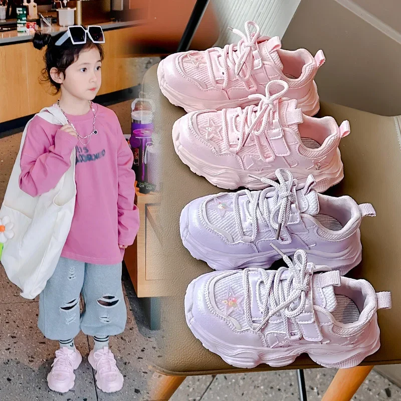 

Girls Running Shoes with Cute Stars Kids Sneakers Hook&loop 2025 New Fashion Children Sports Shoes Mesh Breathable Soft Sole