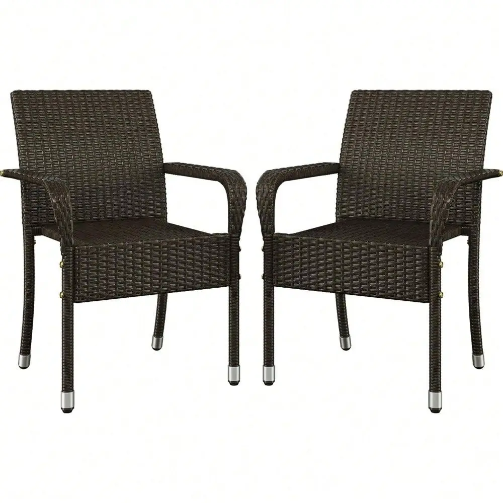 

Of 2 Stackable Outdoor Rattan Dining Chairs, AllWeather Armchair W Armrests, Steel Frame For Garden, Patio, Deck, Yard, Poolsid