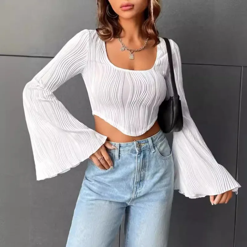 Summer Thin U-neck Top Water Ripple Slimming Crop Top Flared Long-sleeved T-shirt for Women Cross-border Amazon Women's Clothing