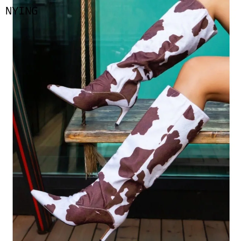 

2026 WomenCow Print Imitation Horse Hair Western Boots Retro Pointed Thin Heel Knee High Knight Boots Street 44 Long Boot
