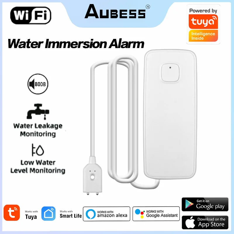 Tuya WiFi Smart Water Leak Sensor Water Overflow Level Detector 80dB Sound Alarm Flood Leakage Sensor Security Remote Monitor