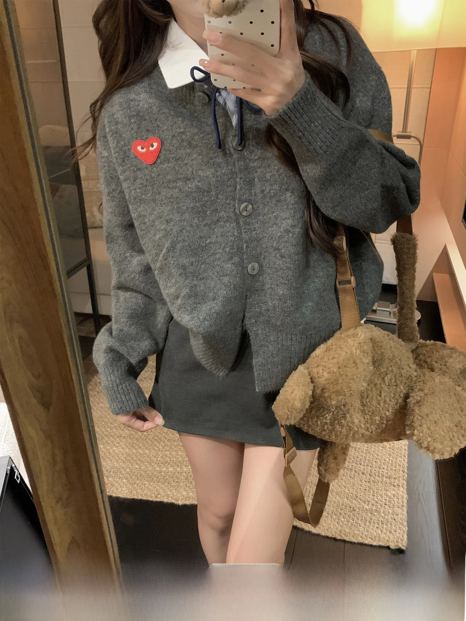 

DDXZ Evening Girl Love Heart Embroidery Knitwear Jaet Women's ort Sle Slimming Autumn Season Unique Top Open Cardigan