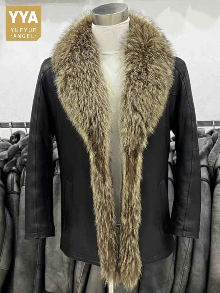 

Business Casual Style Solid Color Male Real Fur Fashion Long Sleeves Single-Breasted Pocket Comfortable Sheepskin Fur Coats
