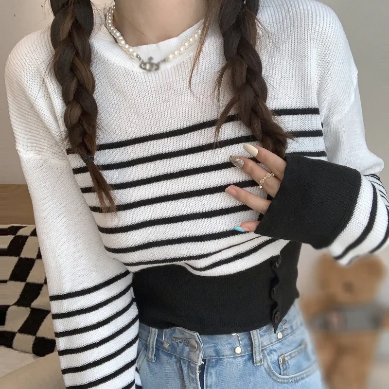 Women Sweater Casual Preppy Style Knitted Stripe Color Contrast Retro Buttons Split Short Knitted Top All-Match Inside Wear