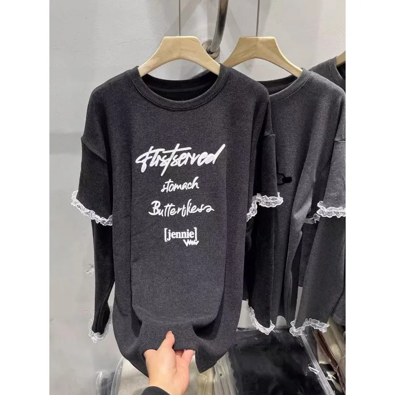 

Корейский стиль, кружевная матовая футболка, женская осенне-зимняя свободная повседневная футболка с круглым вырезом, универсальный топ