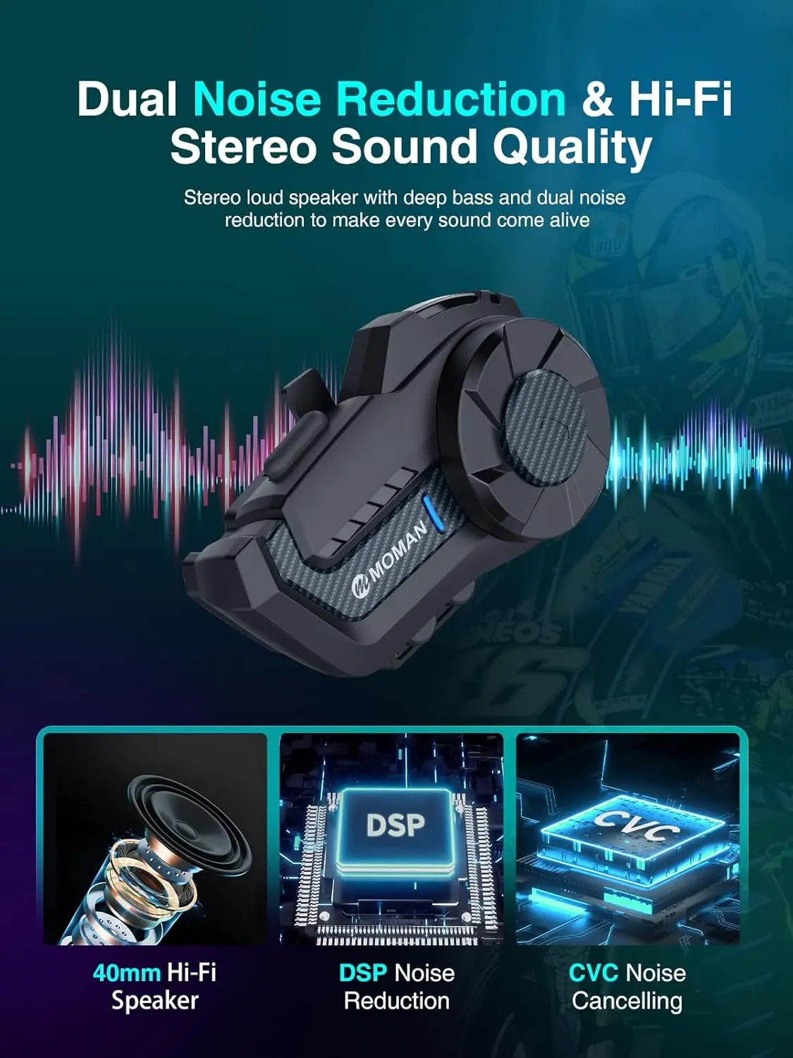 Moman Motorcycle Helmet Intercom Mesh Bluetooth Helmet Headset Moto Interphone Wireless 5.1 Communication System to 1000M Radio