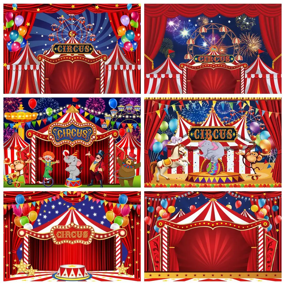 

Circus Theme Party Backdrop Red Tent Ferris Wheel Balloons Carnival Clown Show Kids Birthday Photography Background Decor Banner