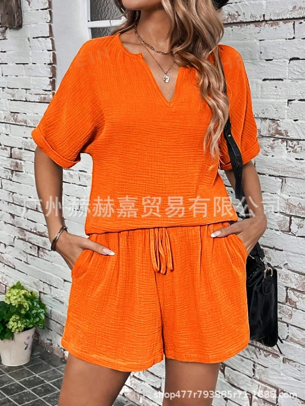 2024 Women's Wrinkle V-Neck Short Sleeved Shorts High Waist Drawstring Casual Pajamas Casual Two Piece Set