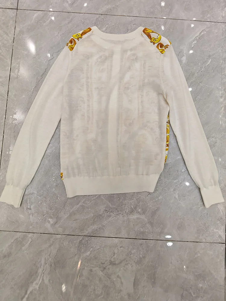 JUNLINNA High Quality Silk Wool Women Sweater All Season O-Neck Long Sleeve Single Breasted Printing Street Coat