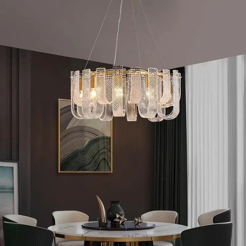 High end light luxury all copper living room double-layer pendant light design art glass dining room light