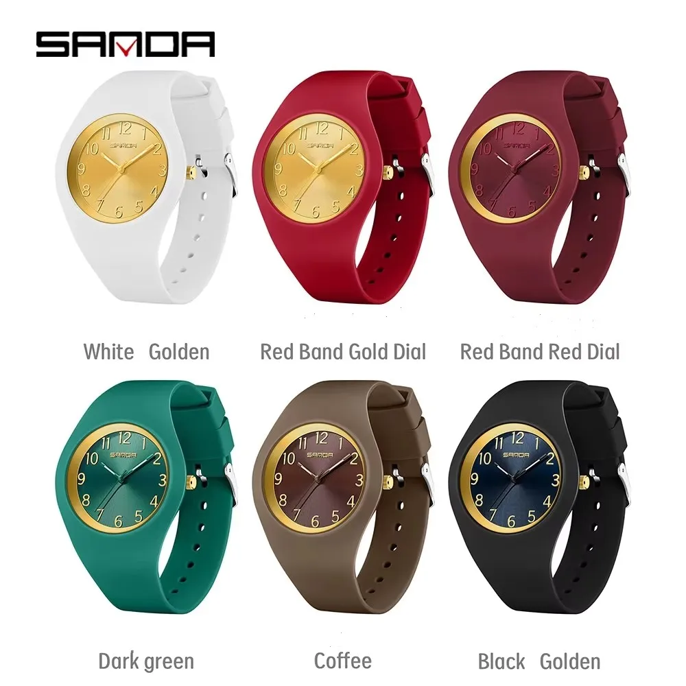 SANDA 6186 Teenagers Quartz Watch Black Red White Simple Outdoor Silicone Strap Student Wristwatch for Boy Girl