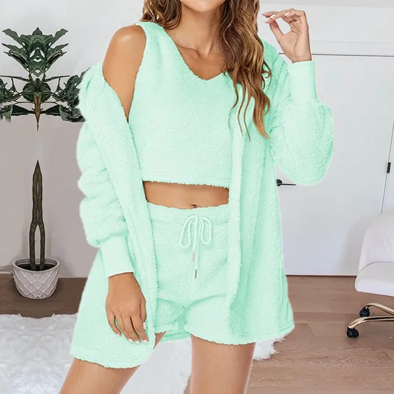 3PCS/Set Thickened Warm Women Pajamas Solid Home Wear Long-Sleeved Long Plush Camisole Jacket Vest Sports Suit Soft Sleepwear