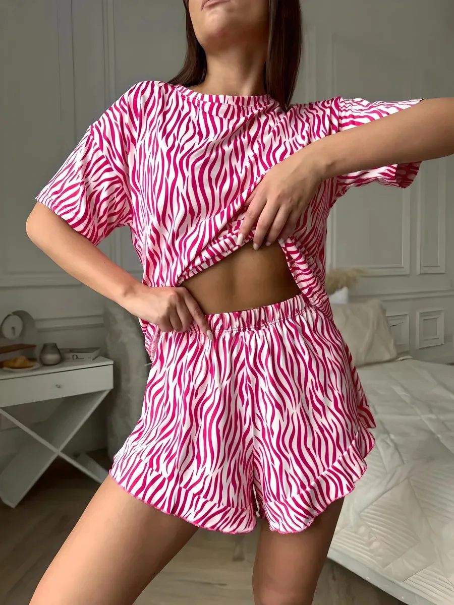 Women'S Pajama Set Simple  Striped Loose Short-Sleeved Top And Short Pants Home Wear For Women Casual Nightclothes