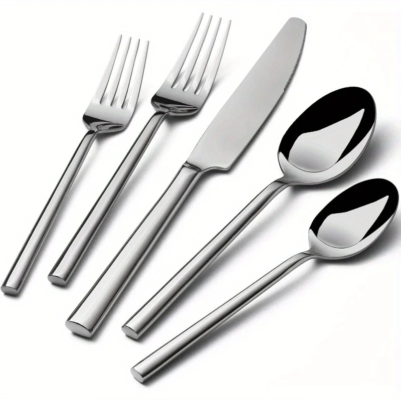 Stainless steel tableware 5-piece set, square handle knife, fork and spoon set, bringing convenience to your dining experience