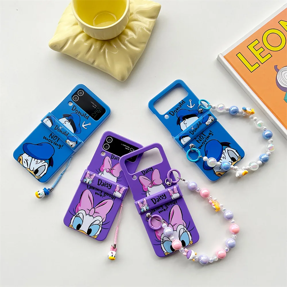 Cute Disneies Donald Daisy Duck with Lanyard Phone Case for Samsung Galaxy Z Flip 3 4 Z Flip 5 6 5G PC Hard Anti-drop Back Cover