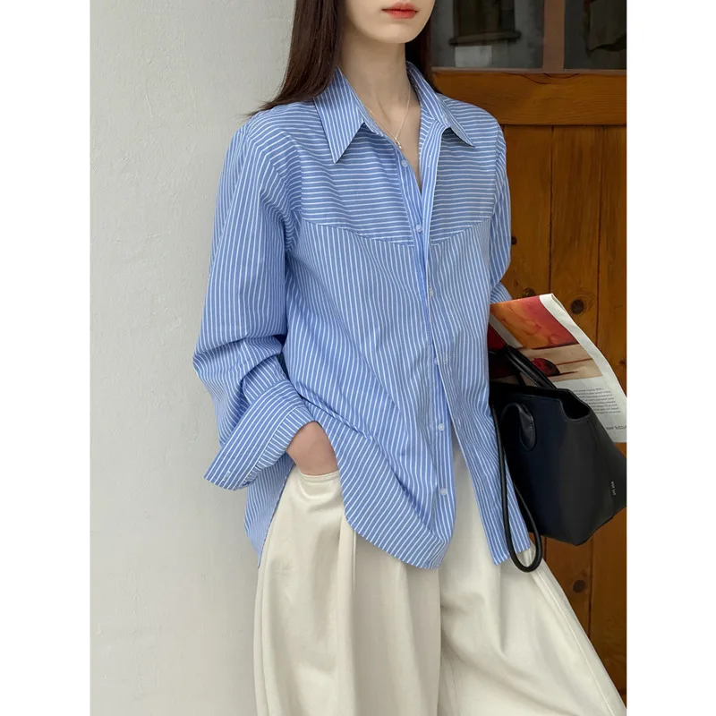 

Spring Striped Patchwork Blue Shirts Women Turn Down Collar Loose Long Sleeve Casual Tops
