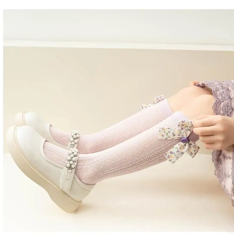 جوارب C63C ناعمة ومريحة للفتيات بطول الساق، جوارب مجوفة بعقدة على شكل فيونكة #4
