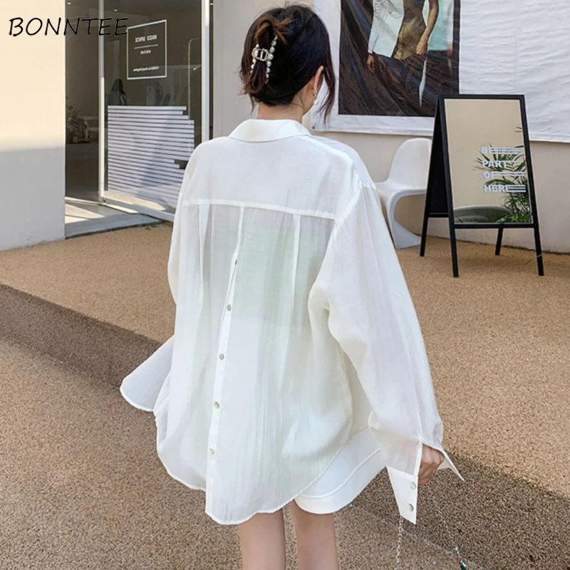 Thin Back Splits Shirts Women Sun Proof Summer Casual Breathable Office Lady Elegant All-match See-though Chic Minimalist Trendy