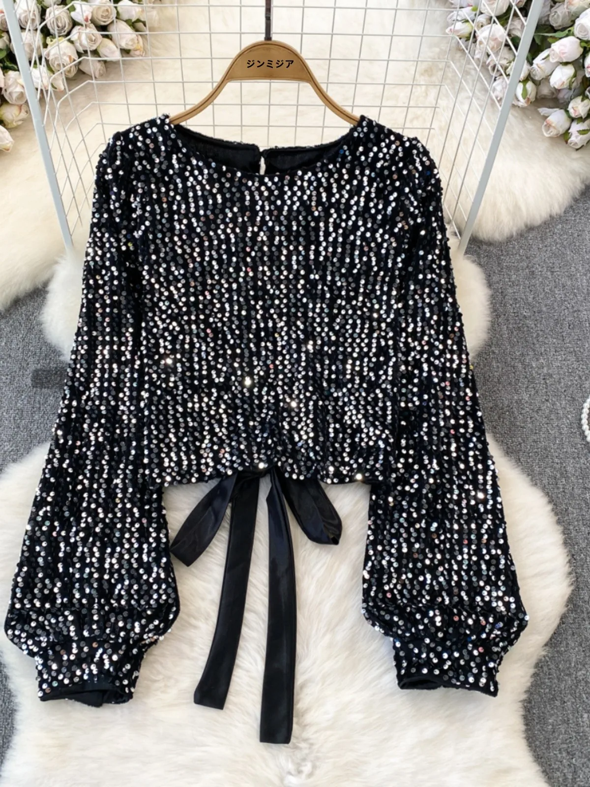 

Faionable Heavy Embellied Velvet round Ne Bal Tie T-irt Women Casual Chic Top Autumn Winter Commute Korean Sle