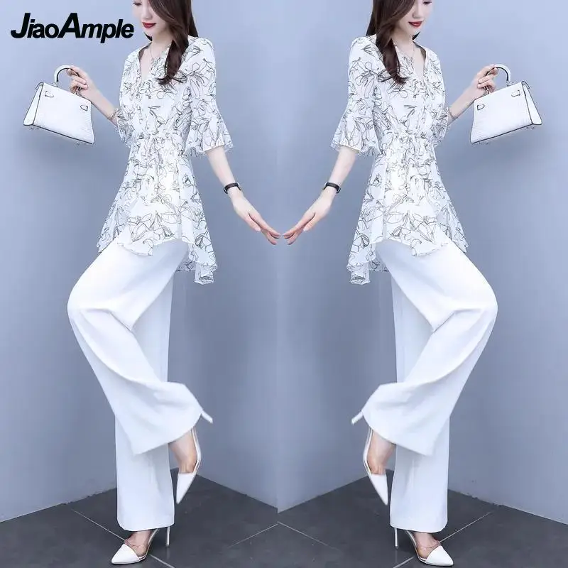 Women's Summer Fashion Wide Leg Pants Suit 2024 New Casual Lotus Leaf Sleeve Shirt Top Trousers Two Piece Korean Elegant Set