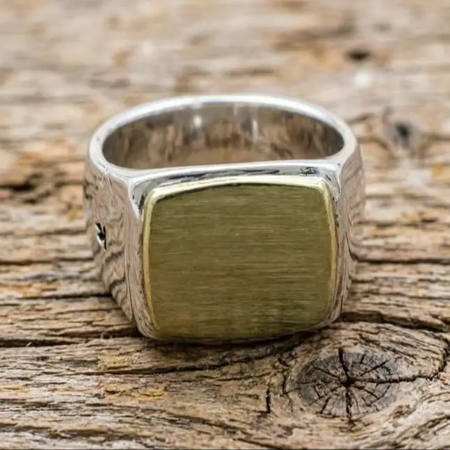 S925 Pure Silver Matte Gold Smooth Ring Trendy Simple Square Wide Face Men's Ring Women's Ring Index Finger
