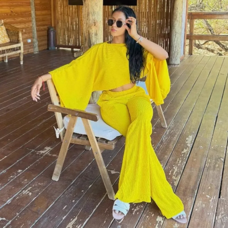 African Pleated 2 Piece Outfits for Women One Shoulder Irregular Cape Sleeve Crop Top Wide Leg Pants Solid Casual Matching Suit