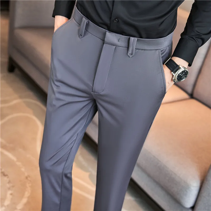 Summer Thin Mens Pants High Elastic Business Casual Suit Pants Men\'s Fashion Formal Straight Sleeve Trousers Men Plus Size 28-38