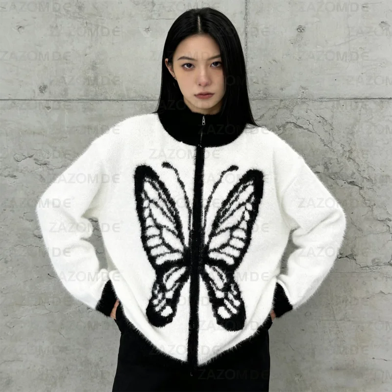 

ZAZOMDE осень-зима плюшевый теплый кардиган для женщин и мужчин свитера с бабочками куртки на молнии роскошный свободный ленивый вязаный свитер пальто