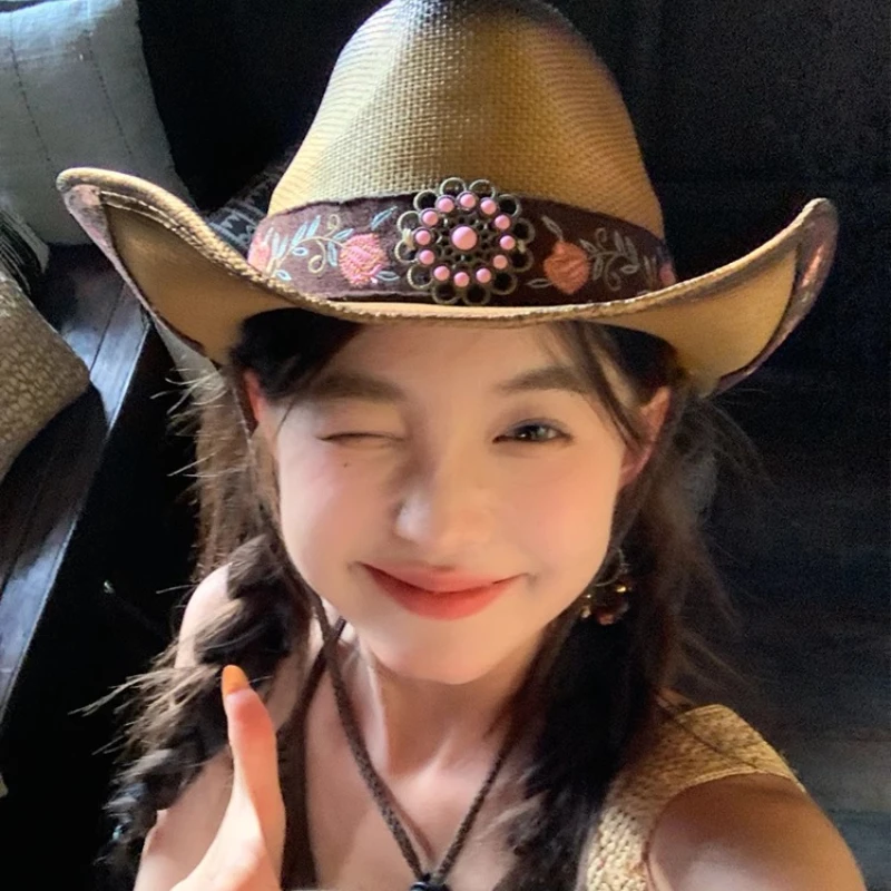 

Women's All-Season Retro Cowboy Hat - Outdoor Washed Cotton-Poly Hat (56-58cm) with Embroidered Pattern