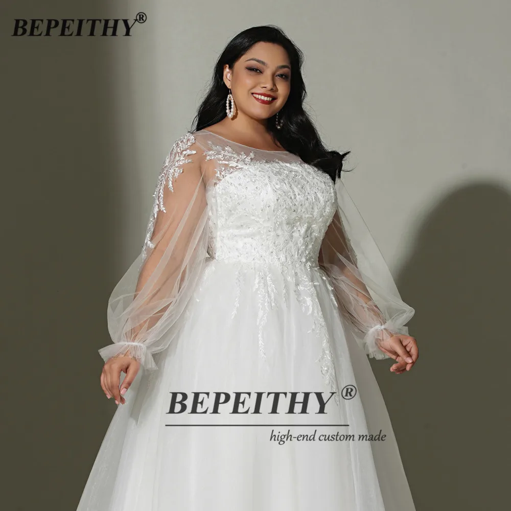 BEPEITHY-vestidos de novia con cuello redondo personalizados para mujer, vestidos de novia de manga completa para mujer, vestido de novia con cuentas de encaje blanco, primavera 2023