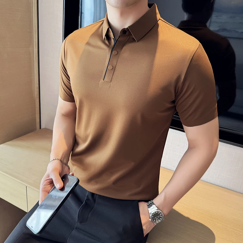 Men's Solid Color Polo Shirt, Business Casual Men's Short Sleeve T-shirt. Color Mixing Polo Shirt, with Elasticity，M-4XL