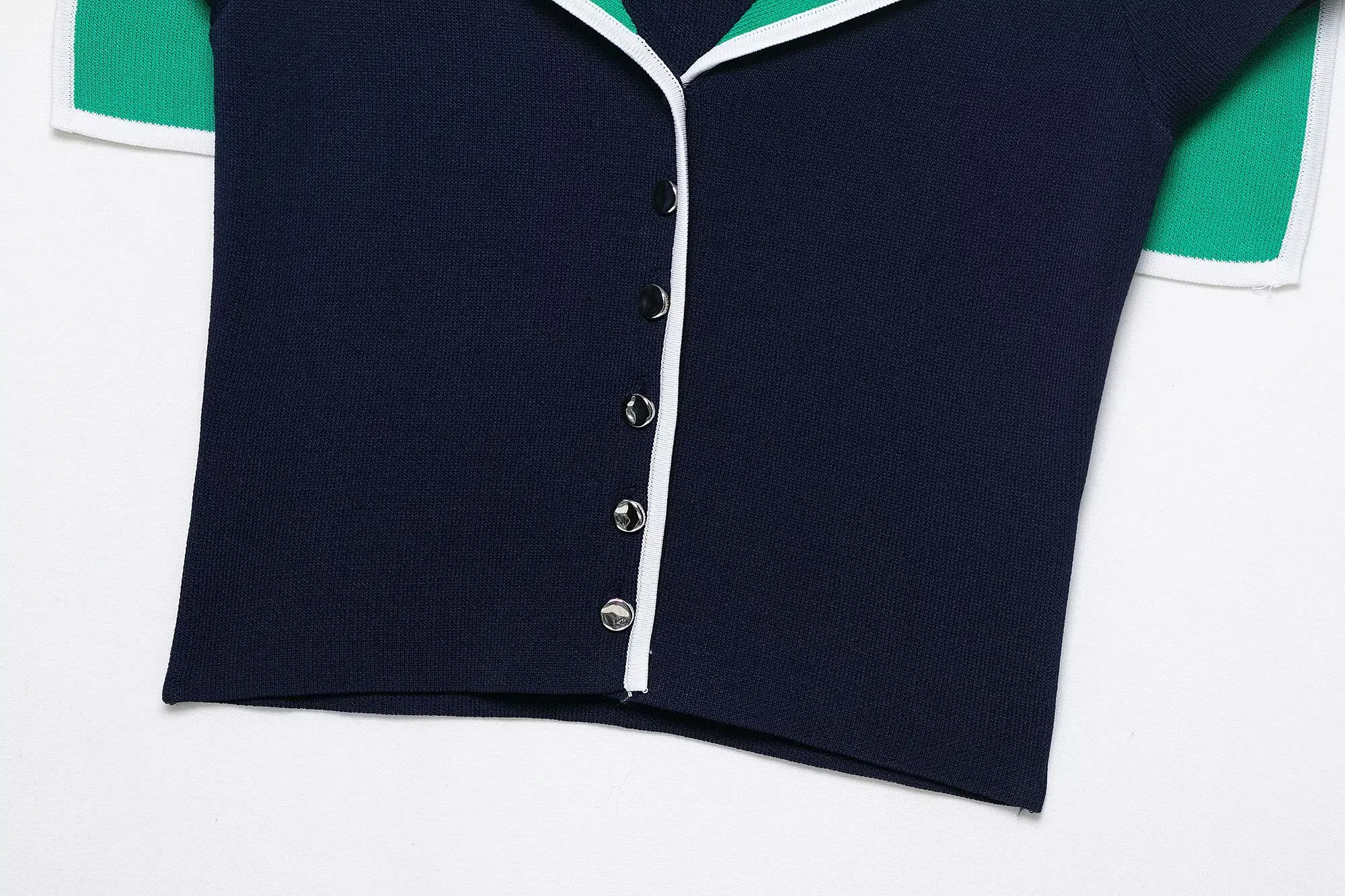 2025 estate da donna nuovo colore a contrasto cuciture moda casual bavero colletto blu scuro top corto lavorato a maglia