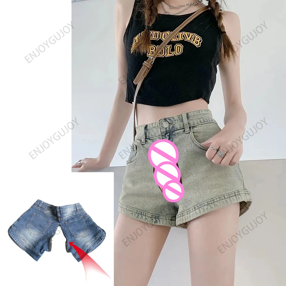 Ultra Short Hot Pants Sexy Women's Denim Shorts,Invisible Open Crotch Outdoor Sex,Summer Fashion High Waist Straight-Leg Pants