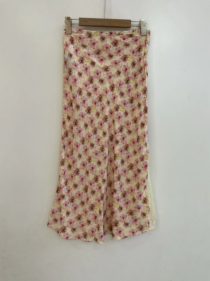 

Women's Half Skirt 2026 Spring/Summer High Quality Comfortable Elegant Pink Small Floral Side Split Apricot Long Half Skirt
