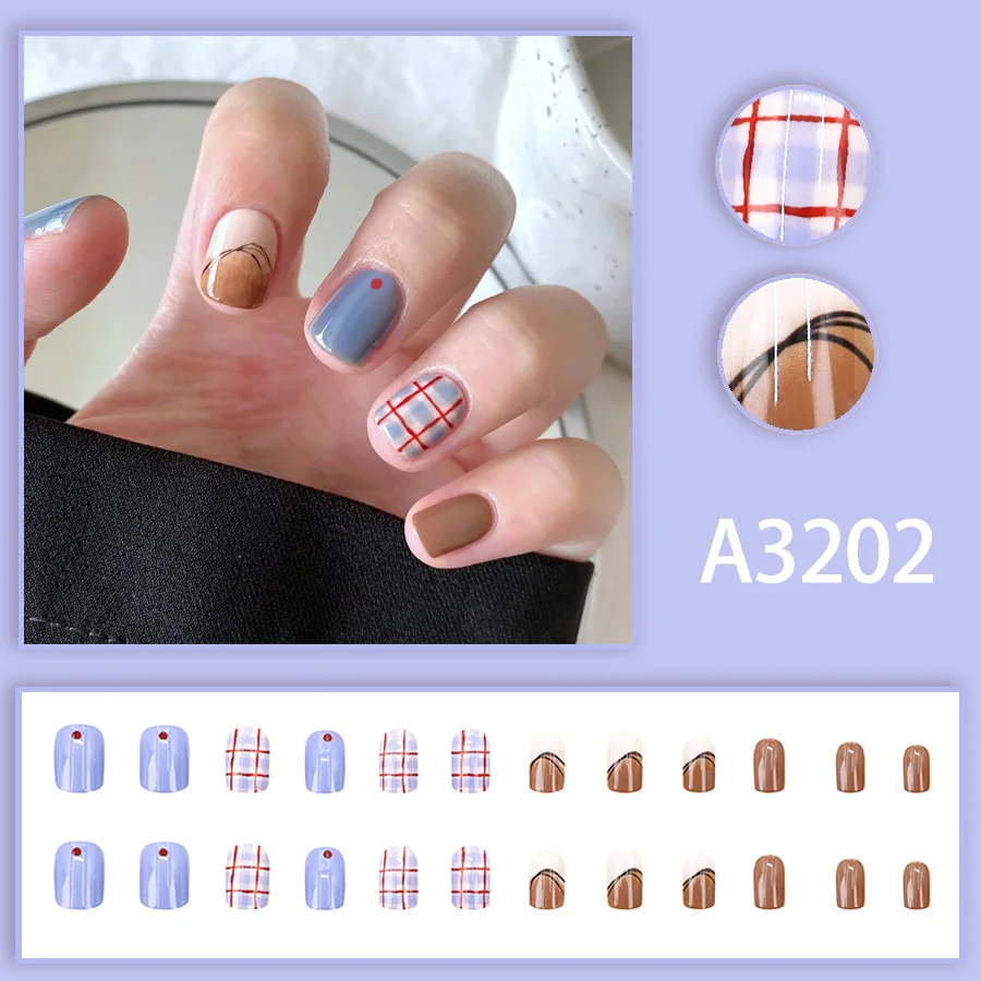 24pcs Press on Nails Blue Checkered Gradient Short Full-Coverage Nail Tips for Women&Girl Removable wearable Nail Daily Wear