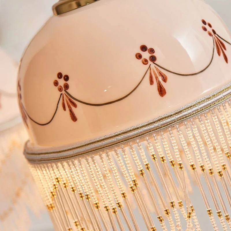 French Retro Medieval Cream Wind Chandelier Lighting LED E27 Iron Art Fringe Ceramics Pendant Lights Living/Dining Room Bedroom