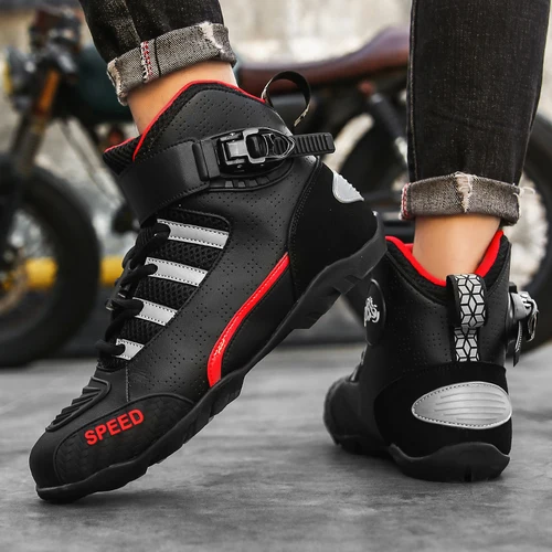 Imagen 2 del producto Botas de moto de cuero para hombre, zapatos transpirables, antideslizantes, resistentes al desgaste, hasta el tobillo, novedad de 2024