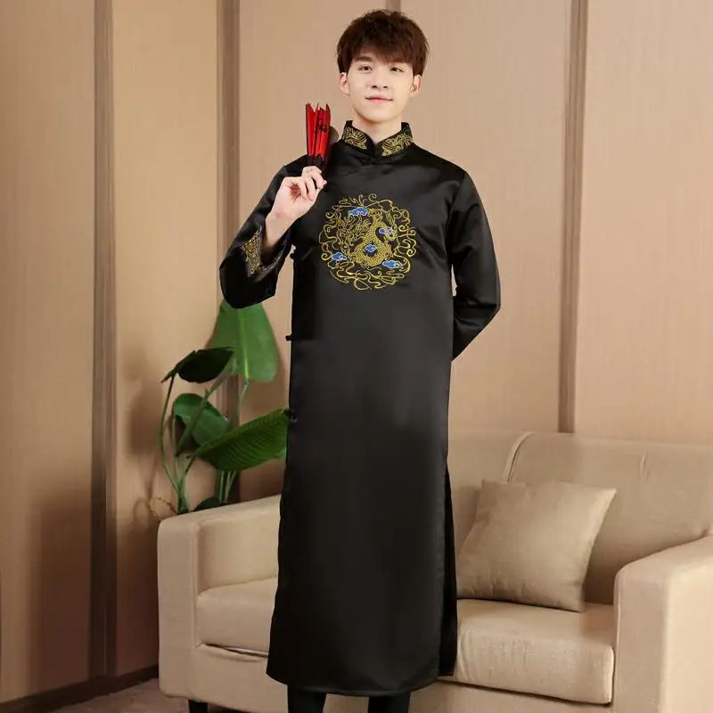 

Black Cheongsam Best Man Dress Stand Collar Buttons Delicate Embroidery Long Sleeve Satin Slit Chinese Style Wedding Dress