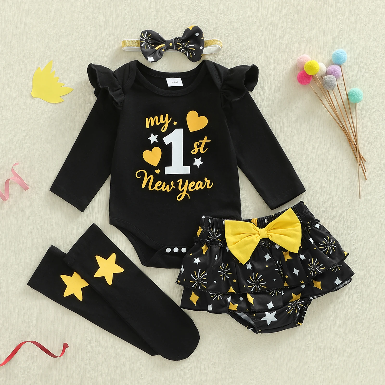 طفلة بلدي 1st السنة الجديدة الزي لطيف كم طويل خطابات مطبوعة رومبير مع كشكش Skort عقال جوارب مجموعات الطفل