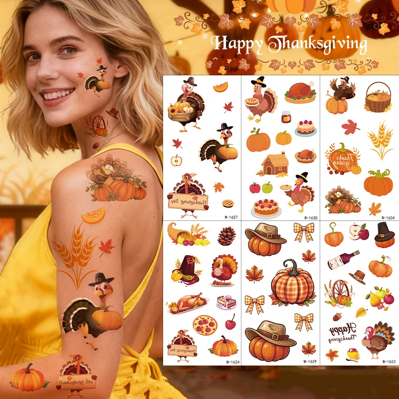

Thanksgiving Day Temporary Tattoo Sticker Waterproof Turkey Pumpkin Autumn Leaves Tattoo Sticker For Party Body Art Fake Tattoo
