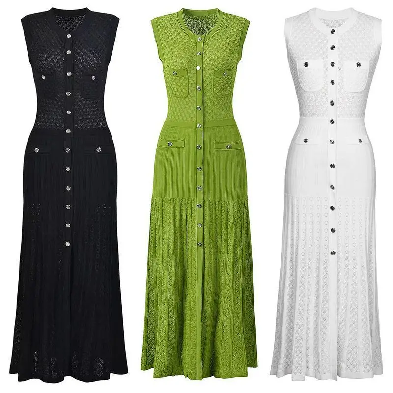 

Elegant Hollow out Knitted Long Sleeveless Dress Ladylike Midi Skirt Style Summer New Arrival Fashionable Slim Fit Gown