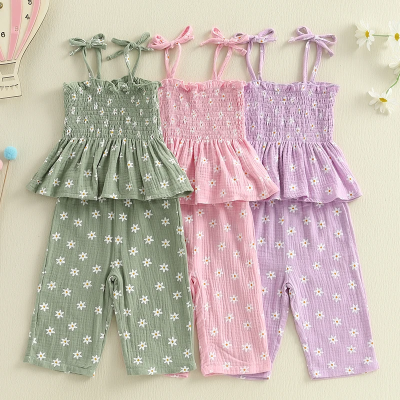 

Toddler Baby Girl Floral Clothes Set Sleeveless Smocked Lacing Strap Crop Tops Elastic Waistband Pants 2-Pieces Outfits