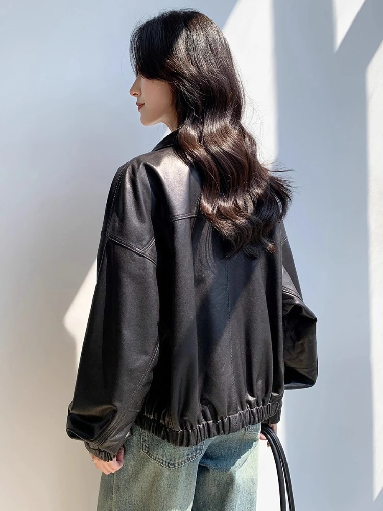 Giacche da moto casual corte in vera pelle da donna primavera autunno colletto alla coreana semplice di fascia alta cappotto morbido e morbido in vera pelle di pecora