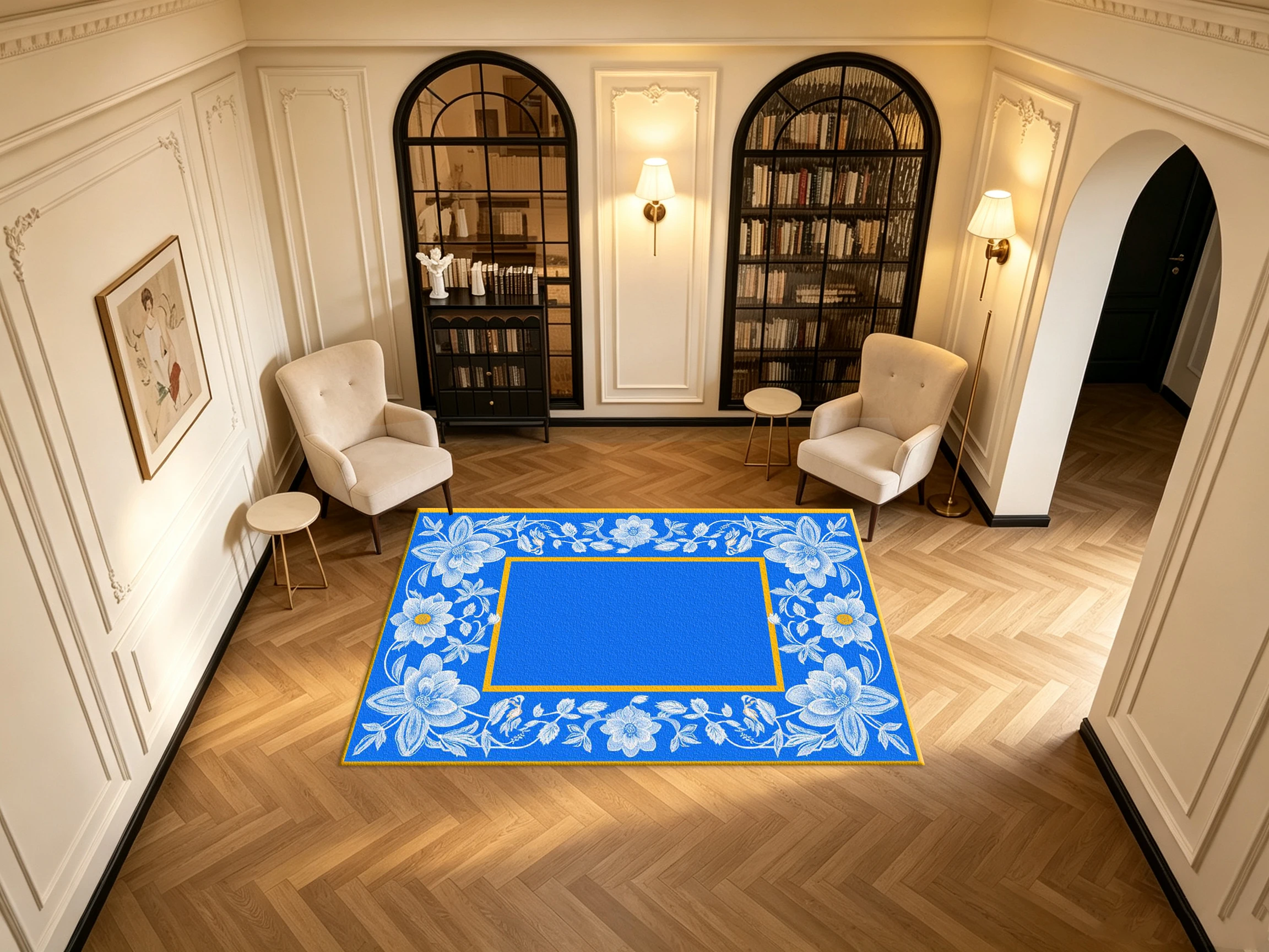 Bright Blue White Floral Yellow Border Carpet Flooring Vintage Ornate Flower Frame Printed Square Area Rug for Apartment Decoration